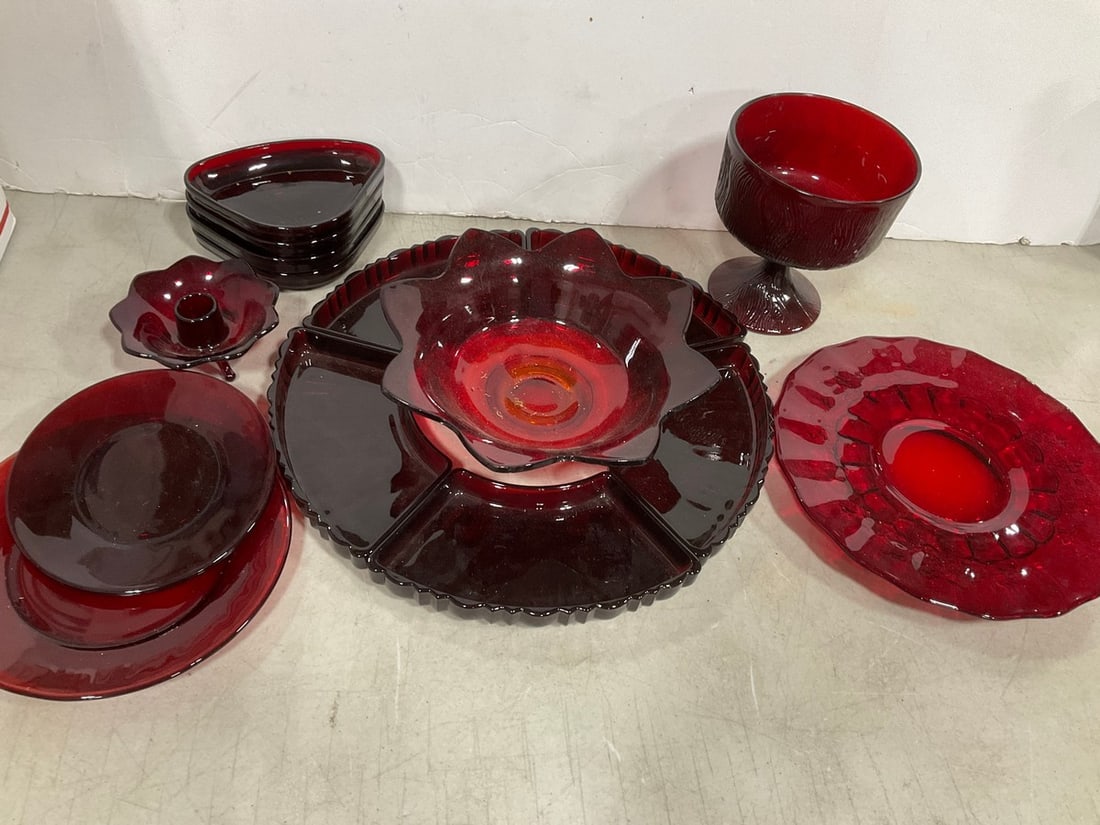 Various Red Glass (Plates, Candle Holder, etc) Tallest - 6in (1 of 1)