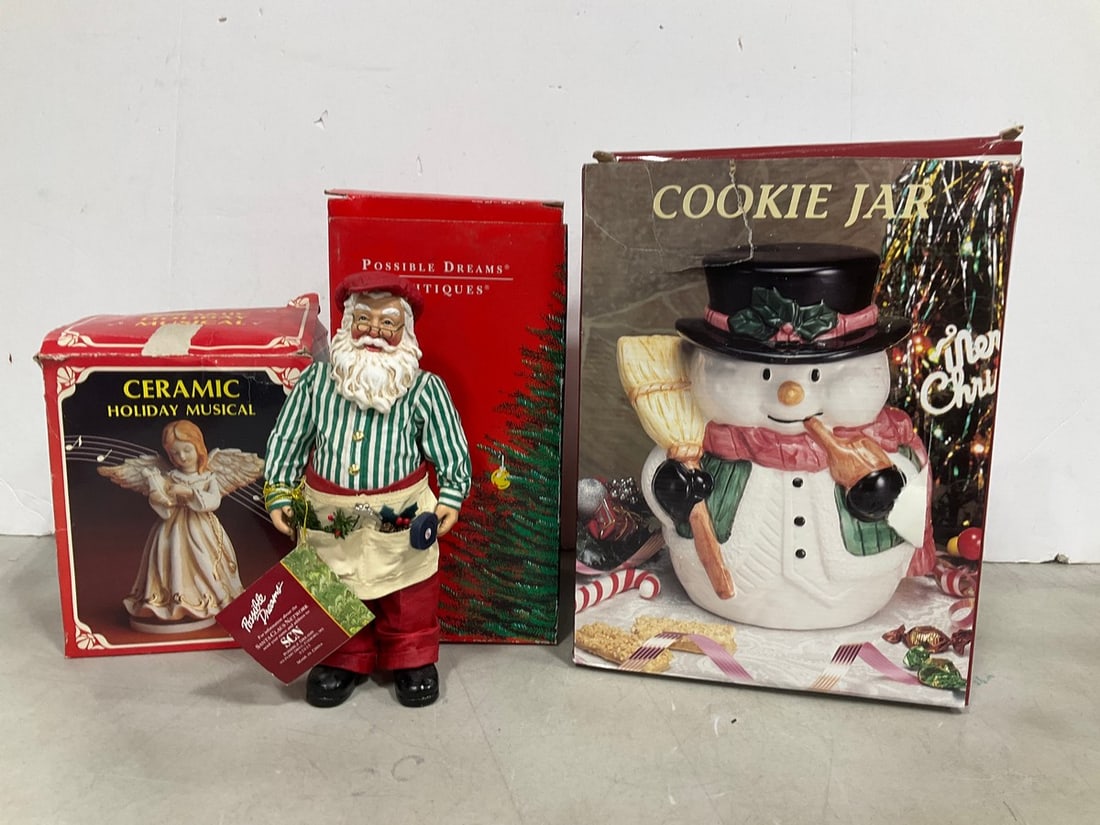 Ceramic Snowman Cookie Jar, Holiday Musical Figure, and Possible Dreams Santa Figure (9in Tall) (1 of 1)