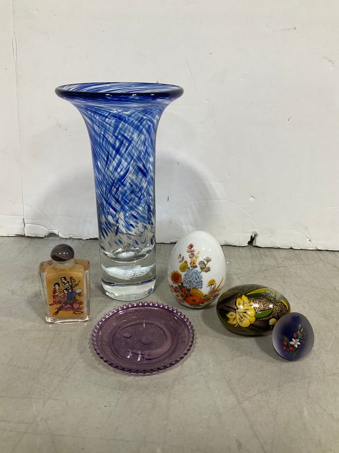 Blue Swirl Flared Glass Vase (8in Tall), Various Decorative Eggs, and more (1 of 1)