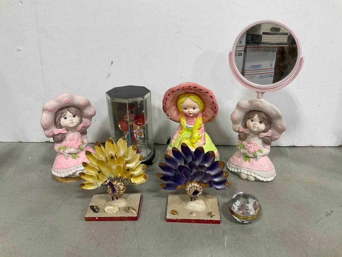 Various Handpainted Musical Figures, Dan Dee Mirror, Peacock Shell Art, and more (Tallest - 12in): Various Handpainted Musical Figures, Dan Dee Mirror, Peacock Shell Art, and more (Tallest - 12in)