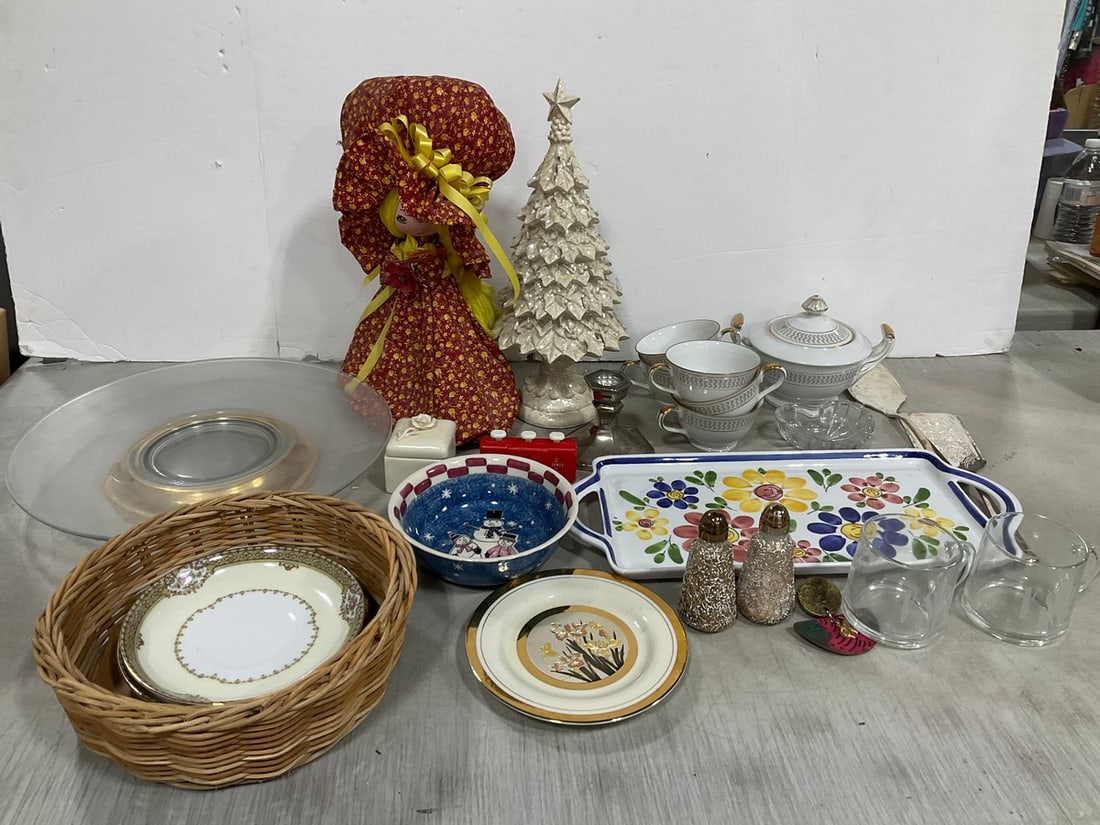 Vintage Doll, Ceramic Cups, Tray, Christmas Tree Decor, and more (Tallest - 14in): Vintage Doll, Ceramic Cups, Tray, Christmas Tree Decor, and more (Tallest - 14in)