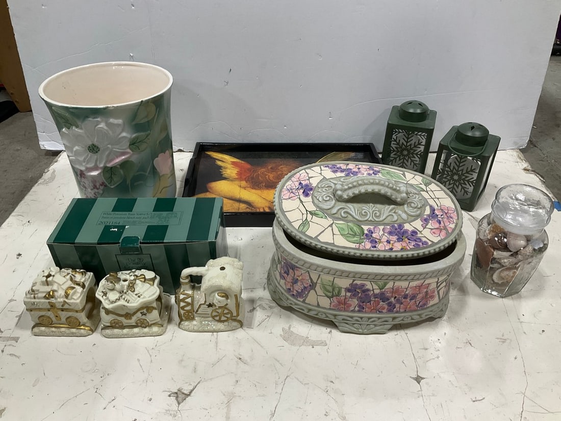 Serving Tray, Ceramic Planter *chipped*, Train Votive Set, Decorative Organizer, Electric Lanterns, (1 of 1)