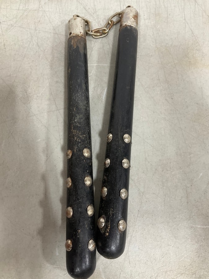 Vintage nunchucks hard wood with studs and chain(12in.): Vintage nunchucks hard wood with studs and chain(12in.)
