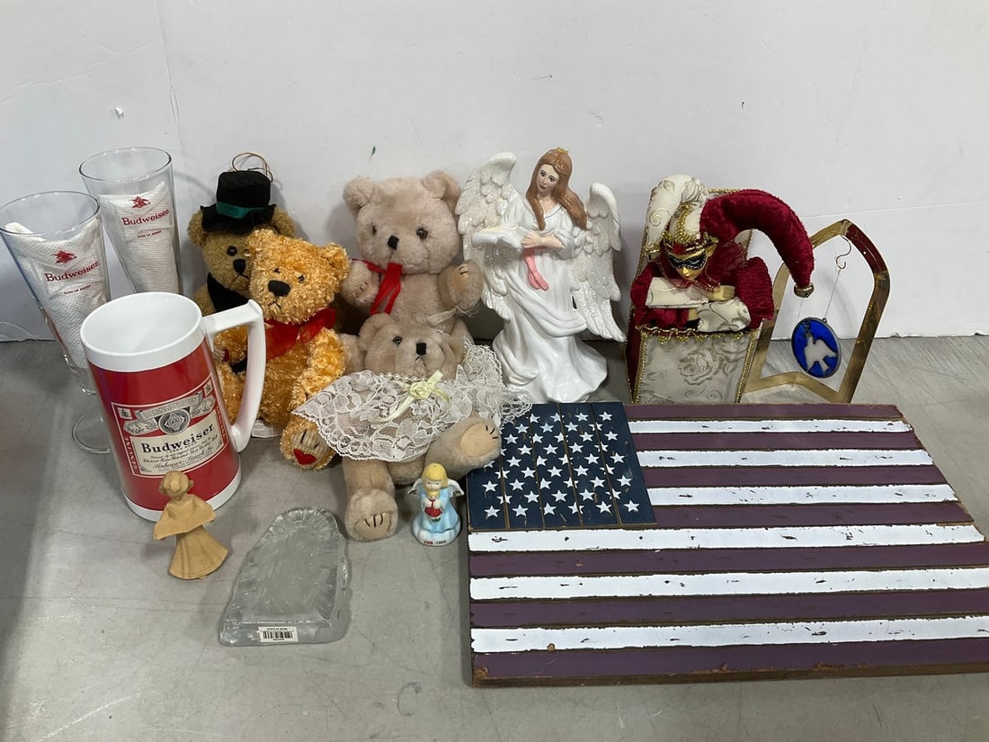 Flag wall decor(10.5in.x16in.), Budweiser mug, various dolls, and more (1 of 1)
