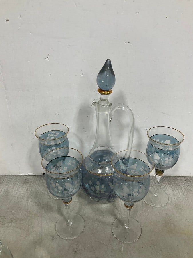 Etched italian made glass decanter and glasses(tallest 16in.) (1 of 1)