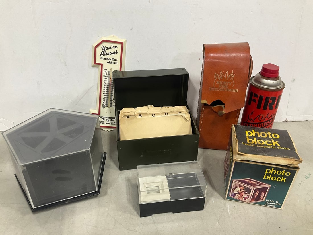 Vintage green metal index card file box, vintage mighty fire extinguisher(case damaged), and more (1 of 1)