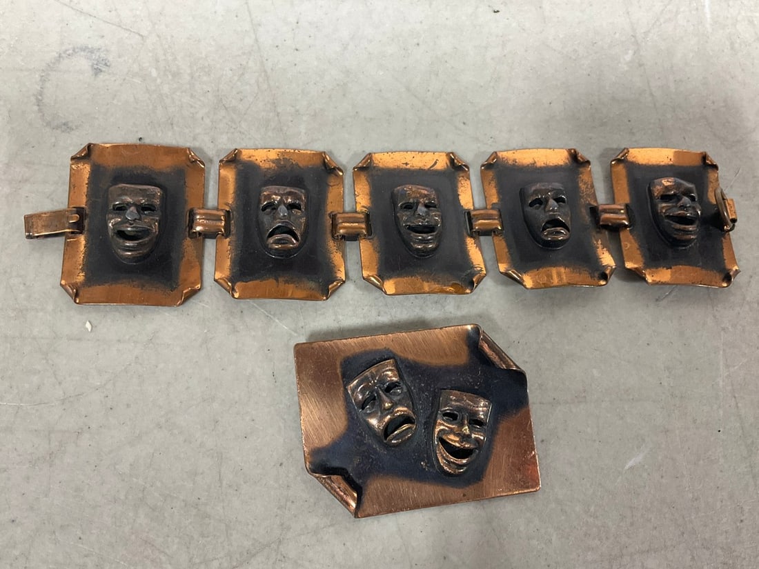 1950's Modernist copper comedy tragedy mask set: 1950's Modernist copper comedy tragedy mask set
