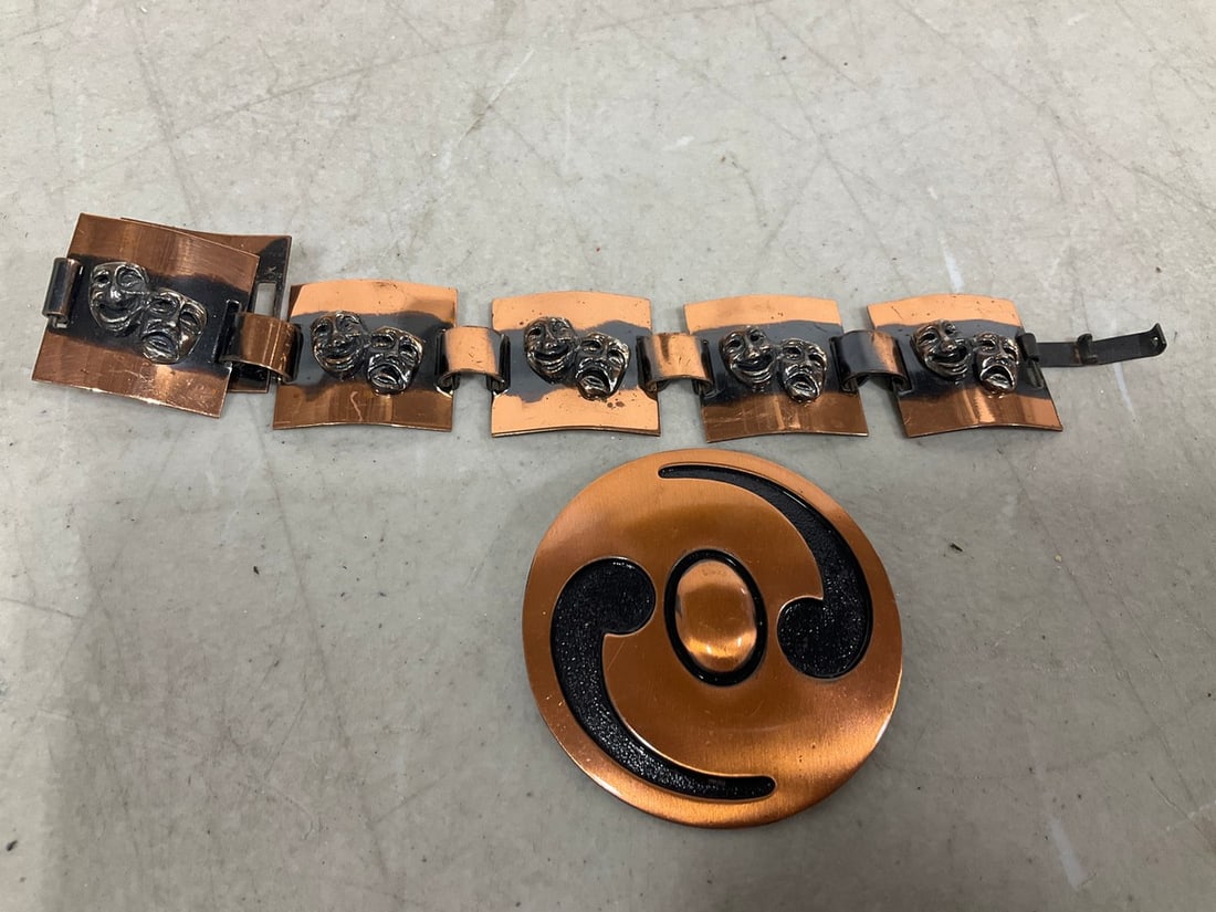 1950's Modernist copper comedy tragedy bracelet and yin and yang copper brooch: 1950's Modernist copper comedy tragedy bracelet and yin and yang copper brooch