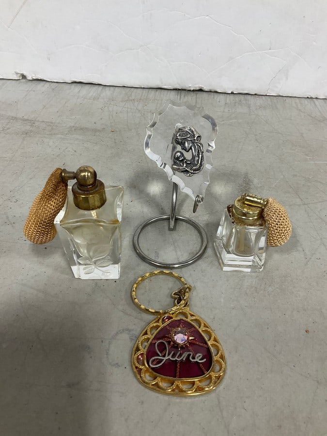 Vintage glass perfume bottles, Argento Mother & Child religious crystal decor, and rhinestone: Vintage glass perfume bottles, Argento Mother & Child religious crystal decor, and rhinestone keychain