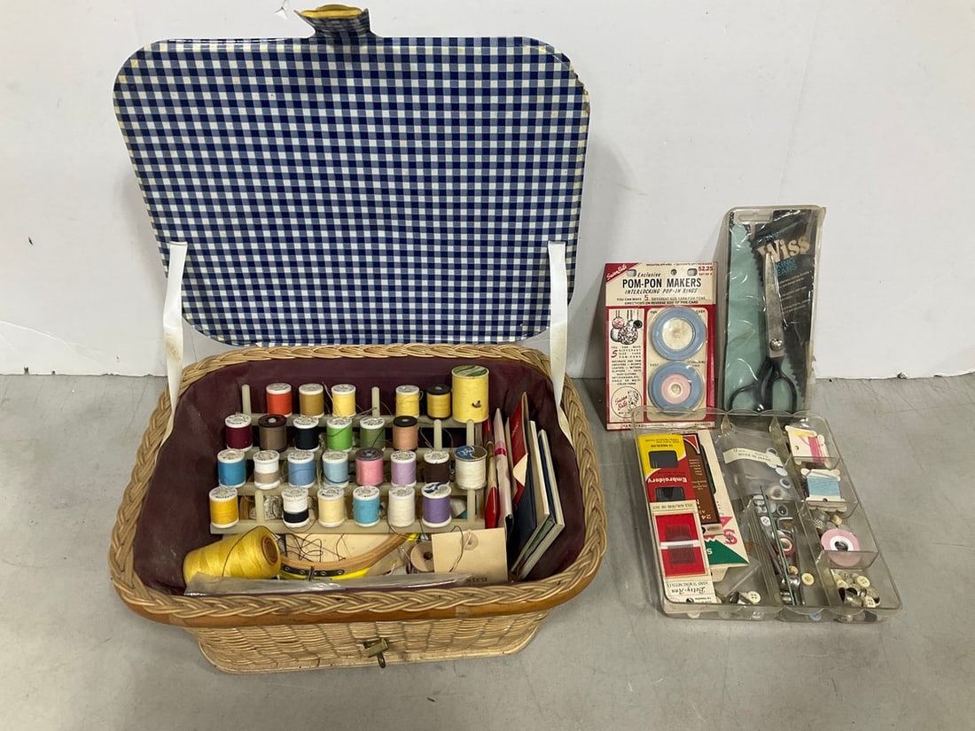 Vintage Sewing Supplies in Wicker Sewing Organizer (1 of 1)