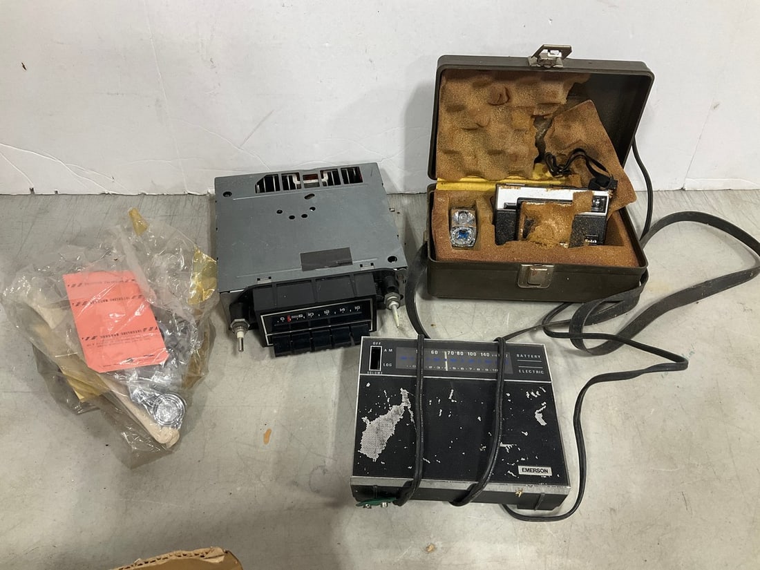 Sanyo indash mini cassette car stereo, Emerson vintage radio, and Kodak camera: Sanyo indash mini cassette car stereo, Emerson vintage radio, and Kodak camera