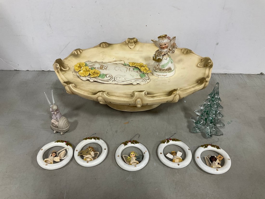 Vintage Christmas ornaments, statues, tray(17in.x12in.x5.5in.)and more: Vintage Christmas ornaments, statues, tray(17in.x12in.x5.5in.)and more