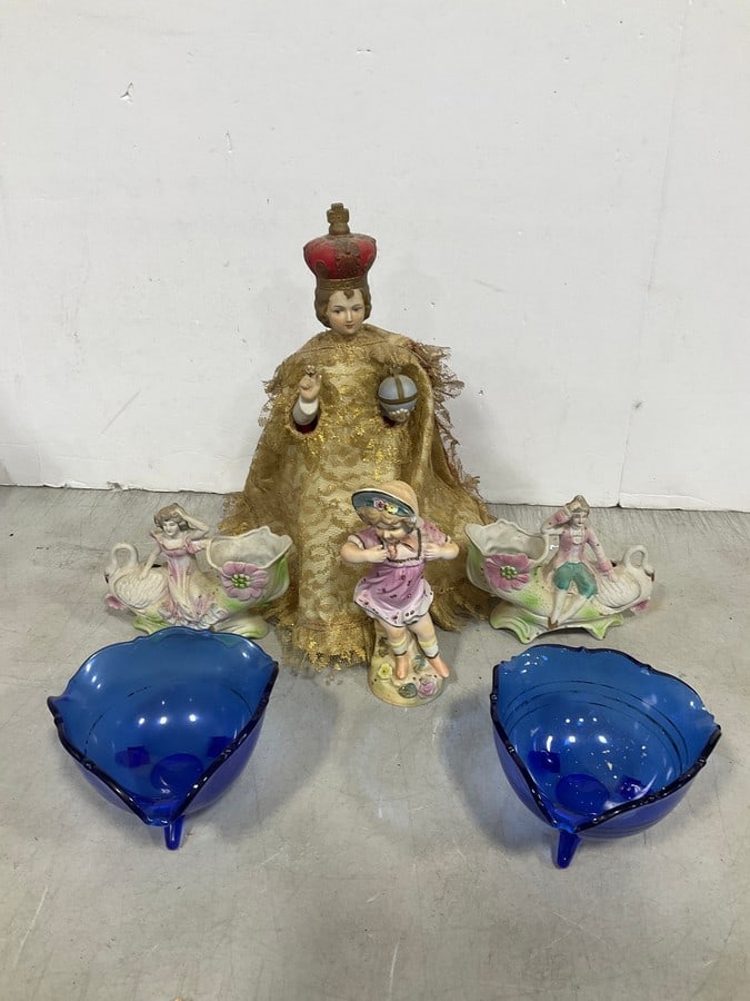 Vintage Porcelain Planters, Blue Glass Bowls, and more (Tallest - 13in): Vintage Porcelain Planters, Blue Glass Bowls, and more (Tallest - 13in)