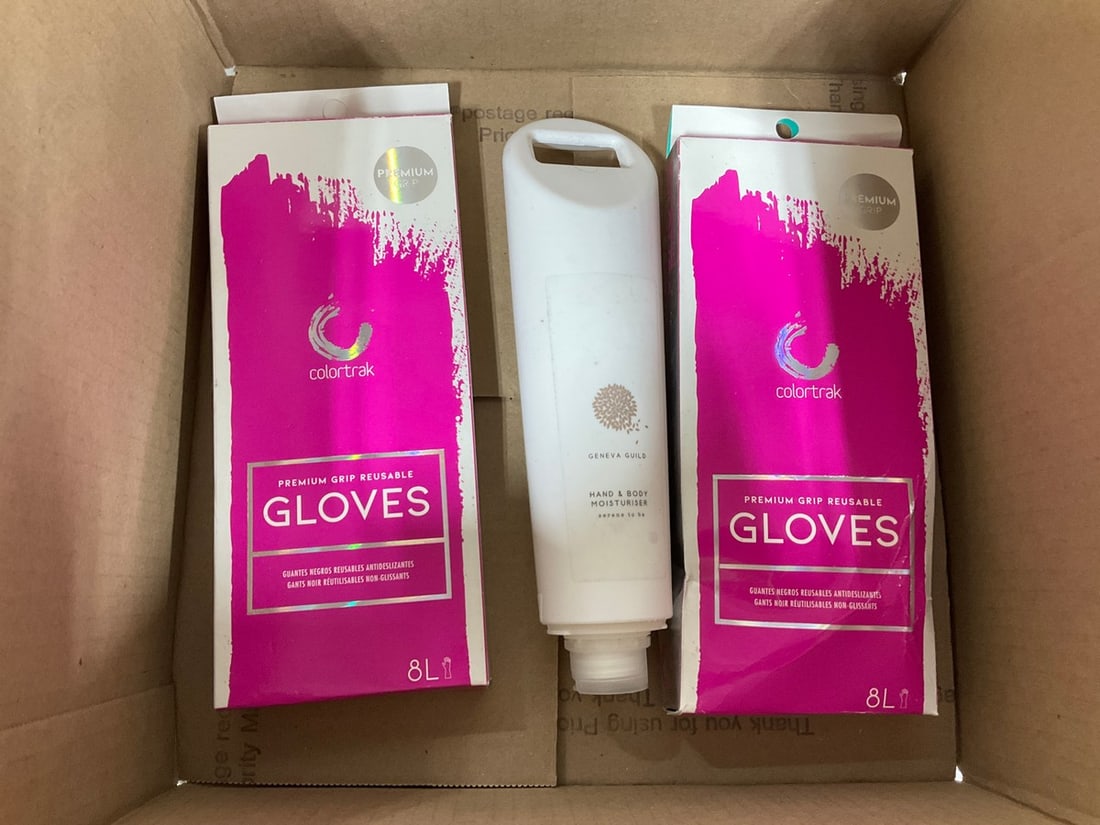 Premium grip Colortrak reusable gloves and Geneva Guild hand and body moisturiser: Premium grip Colortrak reusable gloves and Geneva Guild hand and body moisturiser