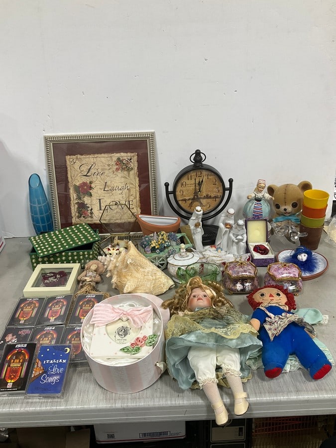 Hallmark statues, framed wall decor, Fuzzy Wazzy bear bank, Raggedy Ann doll, and more: Hallmark statues, framed wall decor, Fuzzy Wazzy bear bank, Raggedy Ann doll, and more