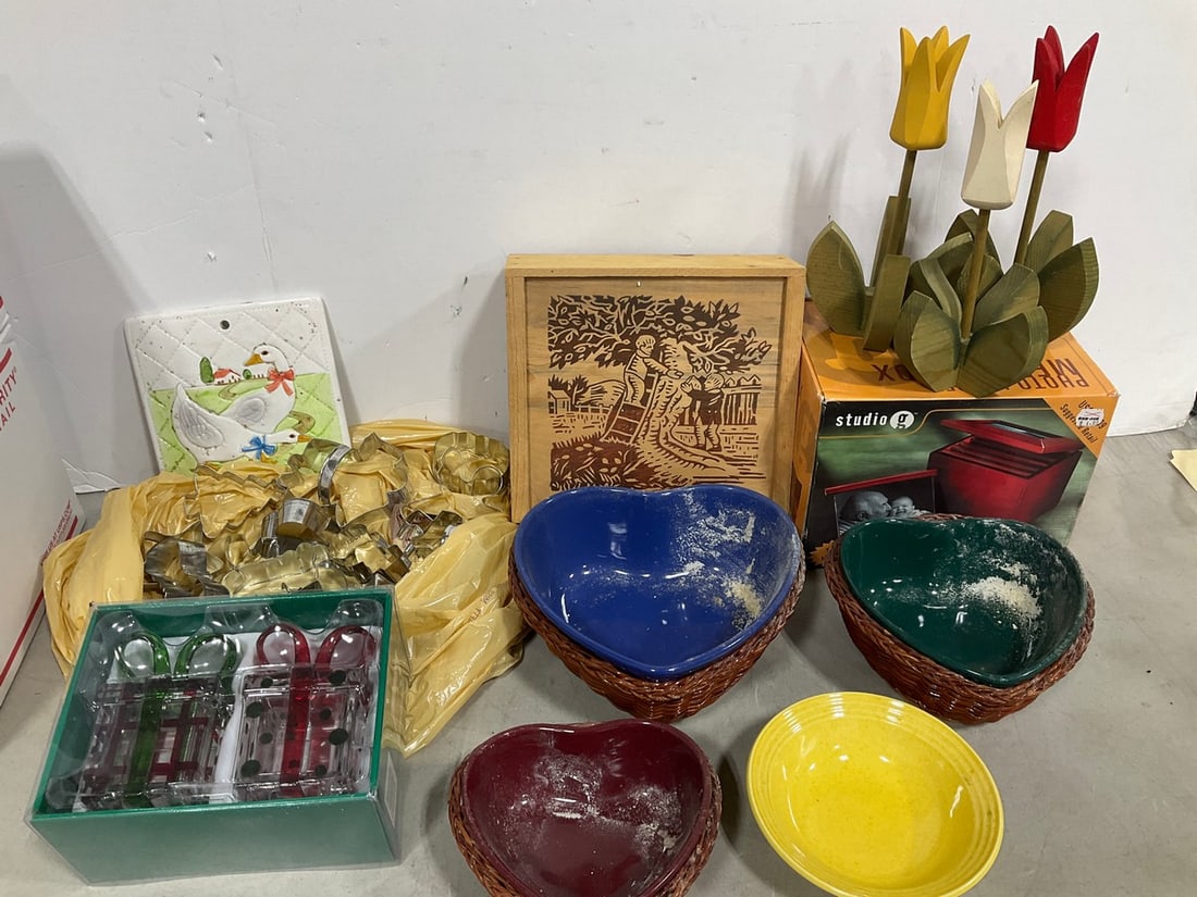 Handpainted and signed wooden flowers, Mikasa bowl, photo keeper memory box, and more: Handpainted and signed wooden flowers, Mikasa bowl, photo keeper memory box, and more