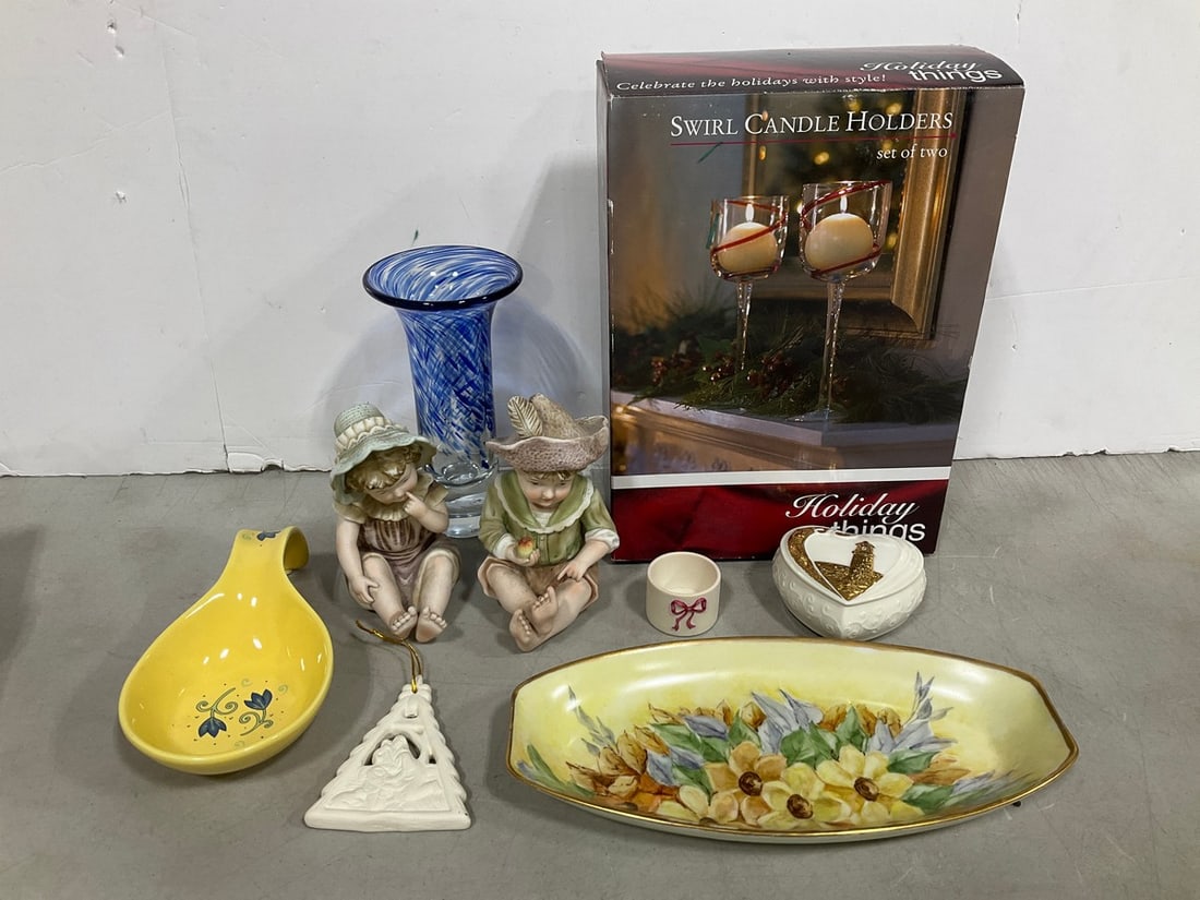 Set of two swirl candleholders, glass vase(8in.tall),Footprints in the Sand Lights of Hope heart: Set of two swirl candleholders, glass vase(8in.tall),Footprints in the Sand Lights of Hope heart shaped music box, and more