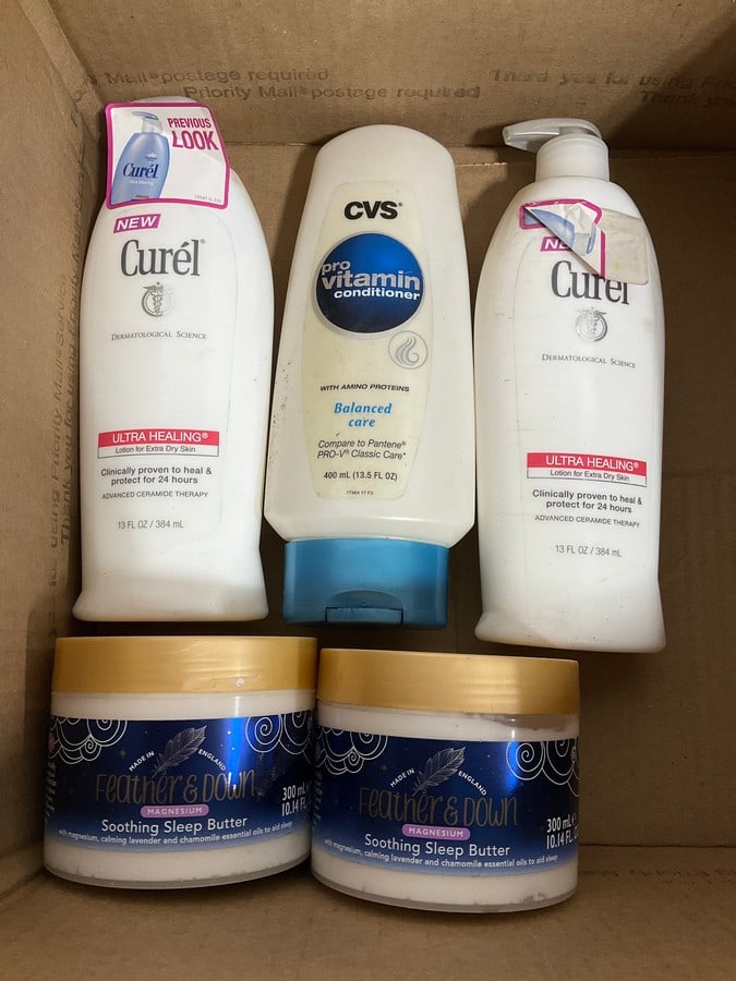 Curel lotion(13fl.oz.-2 total), Pro vitamin CVS conditioner, and Feather's and down sleep: Curel lotion(13fl.oz.-2 total), Pro vitamin CVS conditioner, and Feather's and down sleep butter(10.14fl.oz.-2 total)