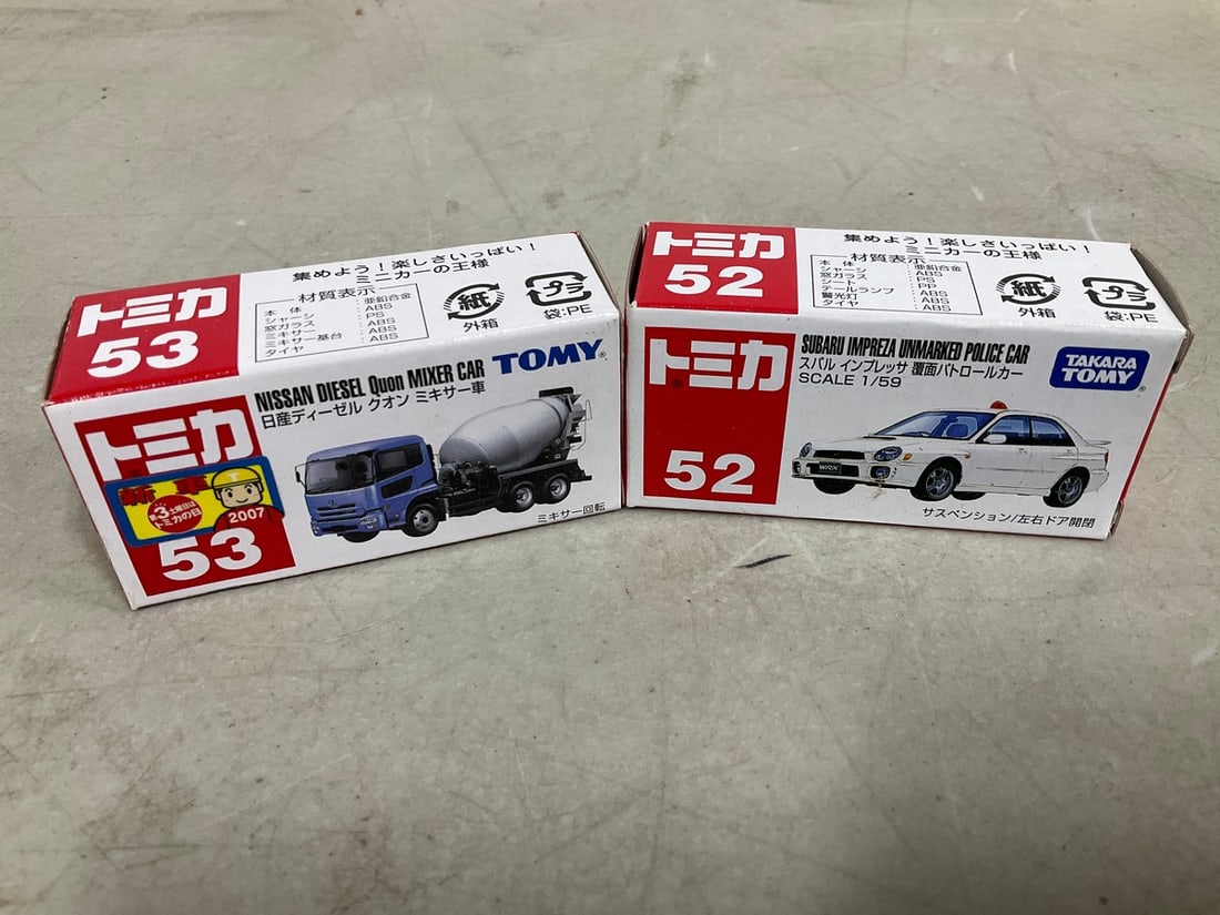 Tomy 1:59 Subaru Impreza unmarked police car and Nissan diesel quon mixer car diecast collectibles (1 of 1)
