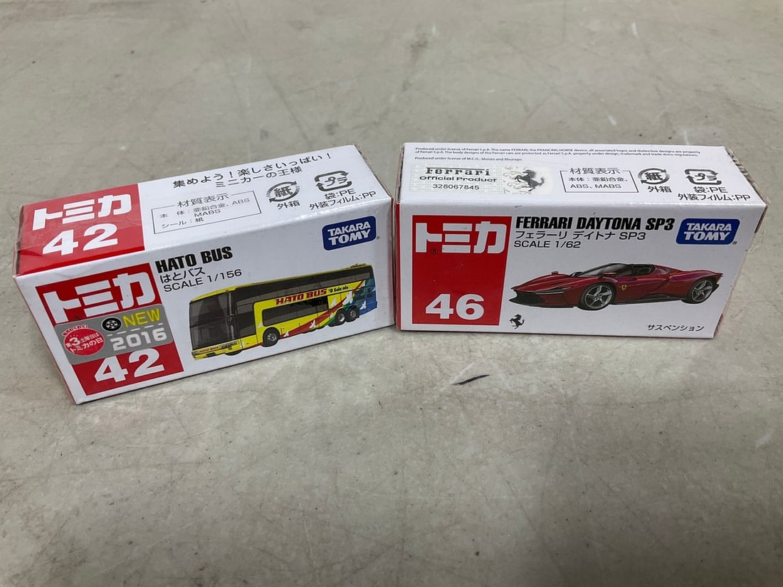 Tomy 1:62 Ferrari Daytona SP3 and 1/156 Hato Bus diecast collectibles *new in box,sealed* (1 of 1)