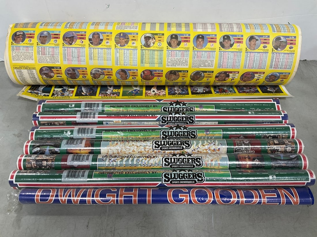 1991 uncut baseball poster sheet, Dwight Gooden poster, and Sluggers sports memorobilia posters: 1991 uncut baseball poster sheet, Dwight Gooden poster, and Sluggers sports memorobilia posters