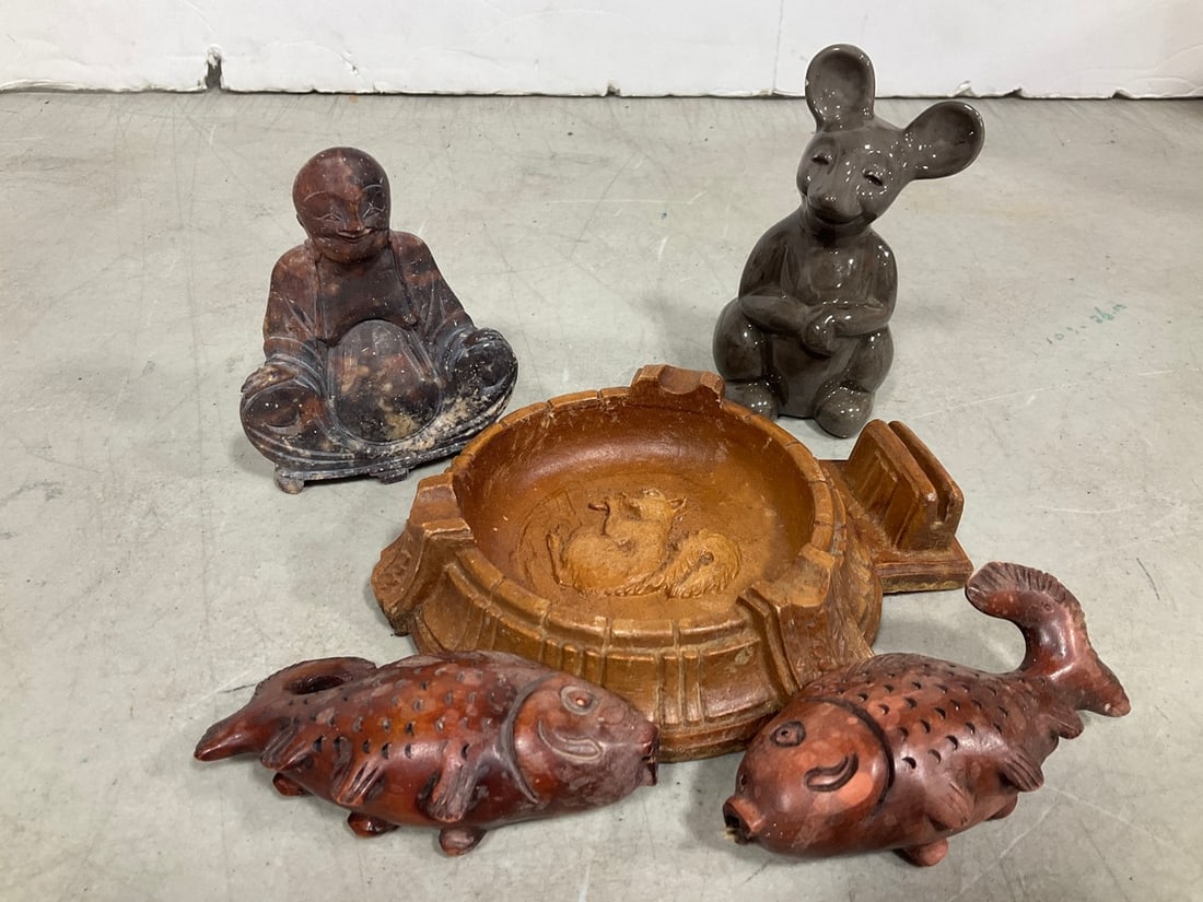Decorative Ash Tray, Wooden Fish, and Various Figures (Tallest - 4in): Decorative Ash Tray, Wooden Fish, and Various Figures (Tallest - 4in)