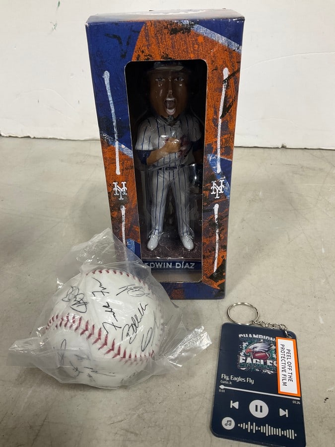 Edwin Diaz collectible figure*new in box*, signed baseball, and Eagles keychain (1 of 1)