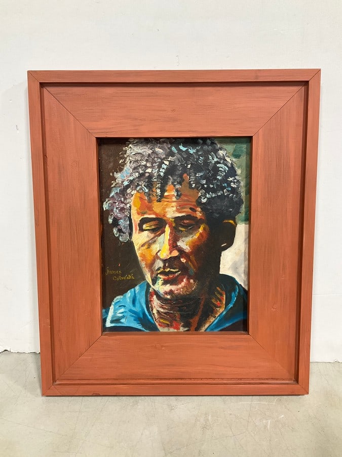 Framed Norman Mailer oil on cloth portrait signed James Ostroski(19in.x22.5in.): Framed Norman Mailer oil on cloth portrait signed James Ostroski(19in.x22.5in.)