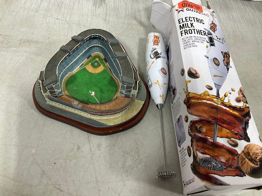 Electric milk frother and Yankee stadium replica decor: Electric milk frother and Yankee stadium replica decor