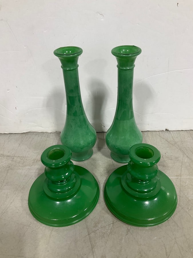 Jadeite vases/candleholders(tallest 8in.): Jadeite vases/candleholders(tallest 8in.)