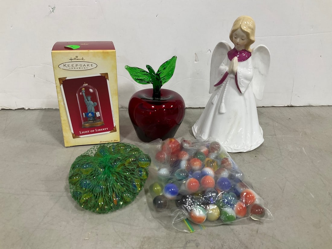 Various Marbles, Keepsake Ornament, Glass Apple, and Ceramic Musical Figure (1 of 1)
