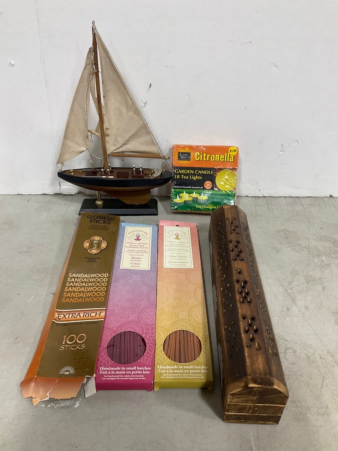 Wooden Ship Model, Various Incense Sticks with Burner Stand: Wooden Ship Model, Various Incense Sticks with Burner Stand