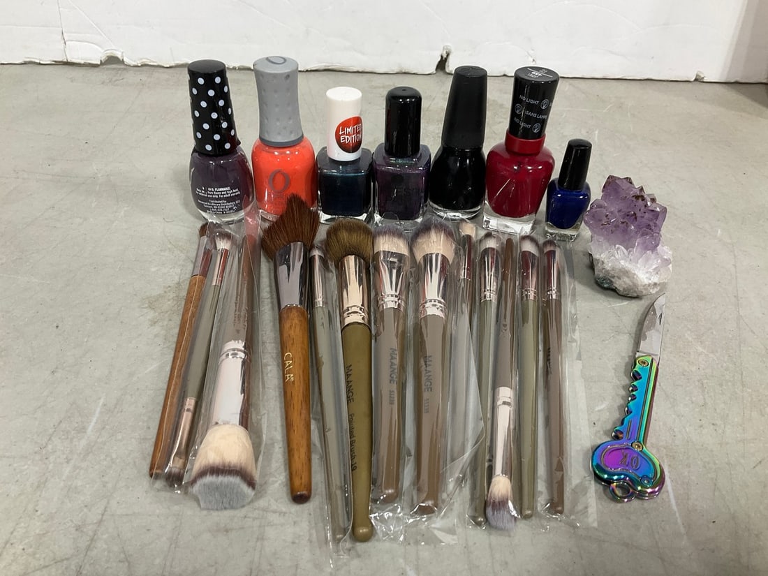 Various Nail Polish, Pocket Knife, Amethyst Stone, and Makeup Brushes: Various Nail Polish, Pocket Knife, Amethyst Stone, and Makeup Brushes
