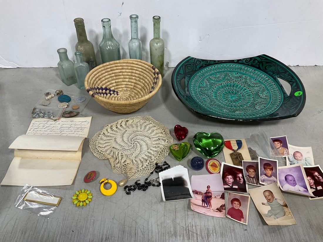 Vintage glass bottles, handmade ceramic bowl, vintage photographs, and more: Vintage glass bottles, handmade ceramic bowl, vintage photographs, and more