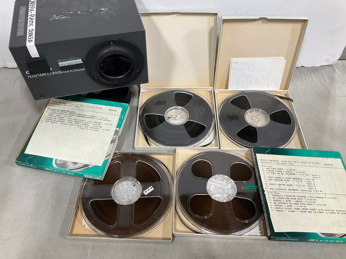Vintage audio tape reels and film/tape converter: Vintage audio tape reels and film/tape converter