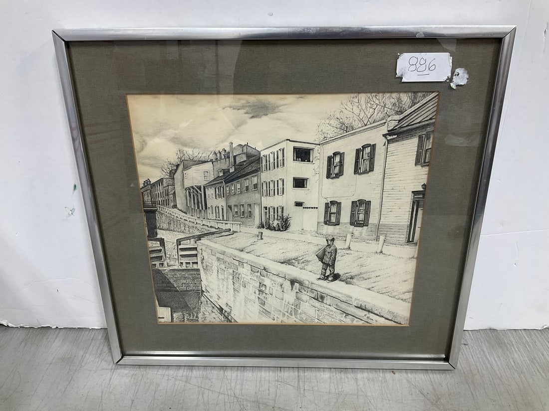 Framed street scene signed artwork(14in.x15in.): Framed street scene signed artwork(14in.x15in.)