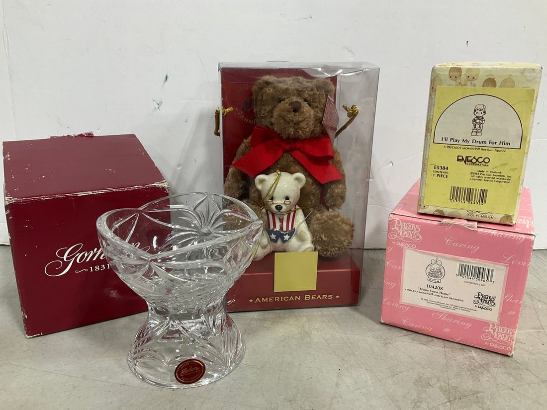 Gorham Crystal Candlestick, Lenox Bear Collectible, and Precious Moments Figures *in boxes* (1 of 1)