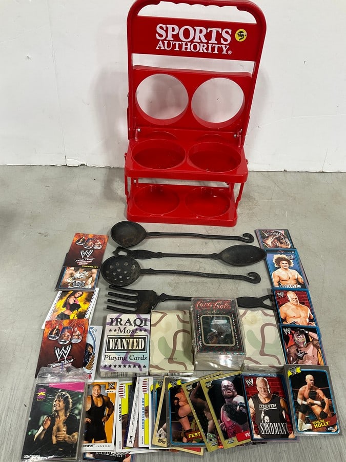 Various Collectible Cards, Vintage Utensils, and Sports Authority Travel Cup Holder: Various Collectible Cards, Vintage Utensils, and Sports Authority Travel Cup Holder