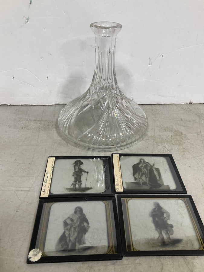 Crystal Glass Decanter (8in Tall) *no stopper*, and Antique Lantern Glass Slides (Cromwell, King: Crystal Glass Decanter (8in Tall) *no stopper*, and Antique Lantern Glass Slides (Cromwell, King Charles, etc)