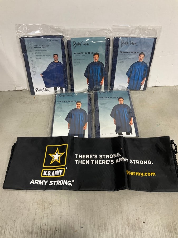 Betty Dain premier barber styling cape and U.S. Army drawstring bag: Betty Dain premier barber styling cape and U.S. Army drawstring bag