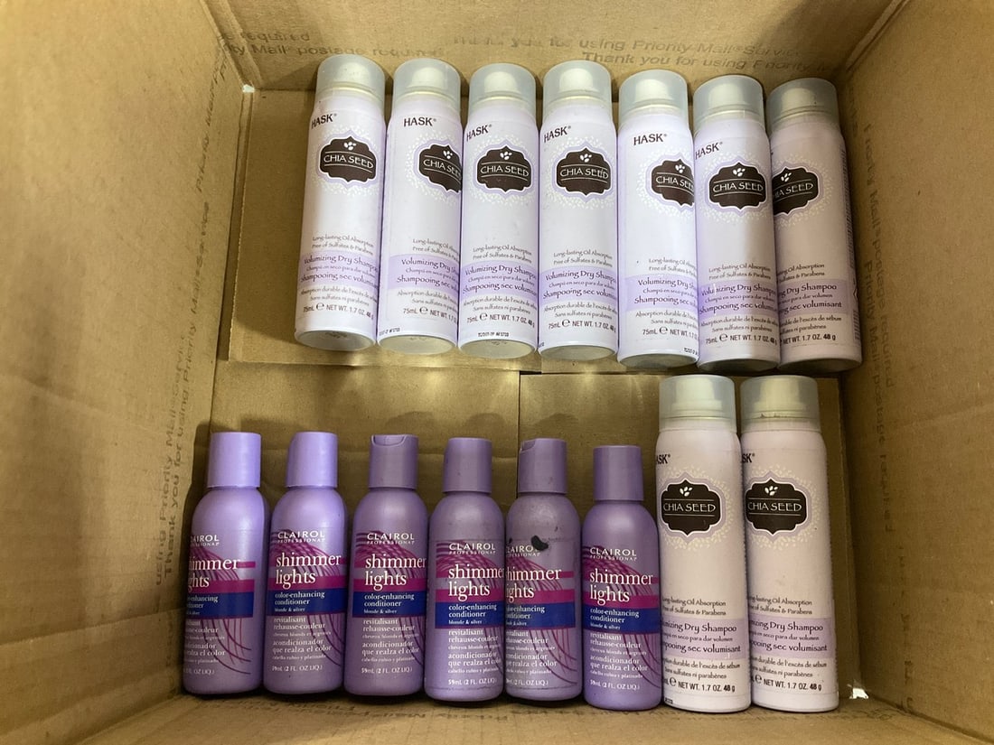 Hask chia seed dry shampoo(1.7oz.,-9 total) and Clairol shimmer lights color enhancing: Hask chia seed dry shampoo(1.7oz.,-9 total) and Clairol shimmer lights color enhancing conditioner(2fl.oz.-6 total)