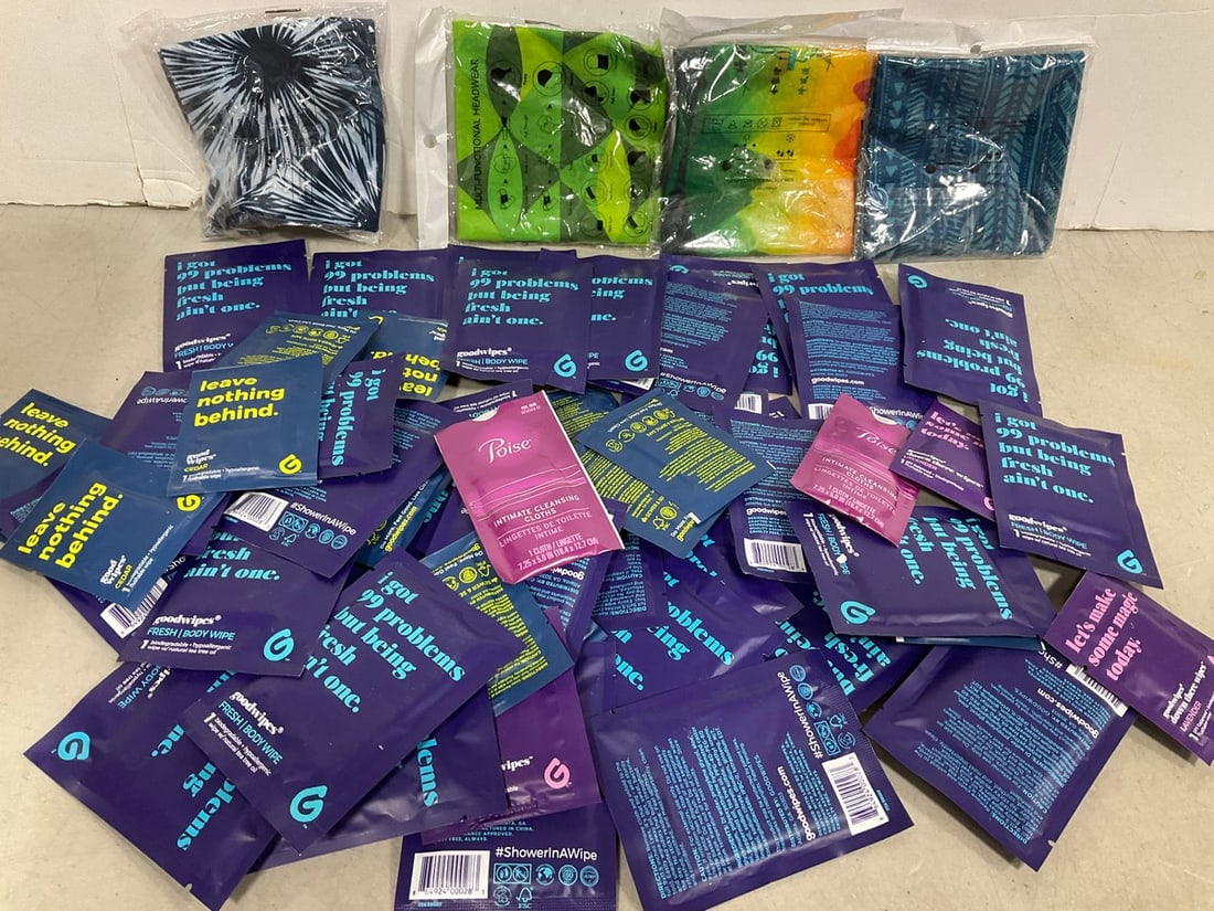 Various Body/Hand Wipes, and Headwraps: Various Body/Hand Wipes, and Headwraps