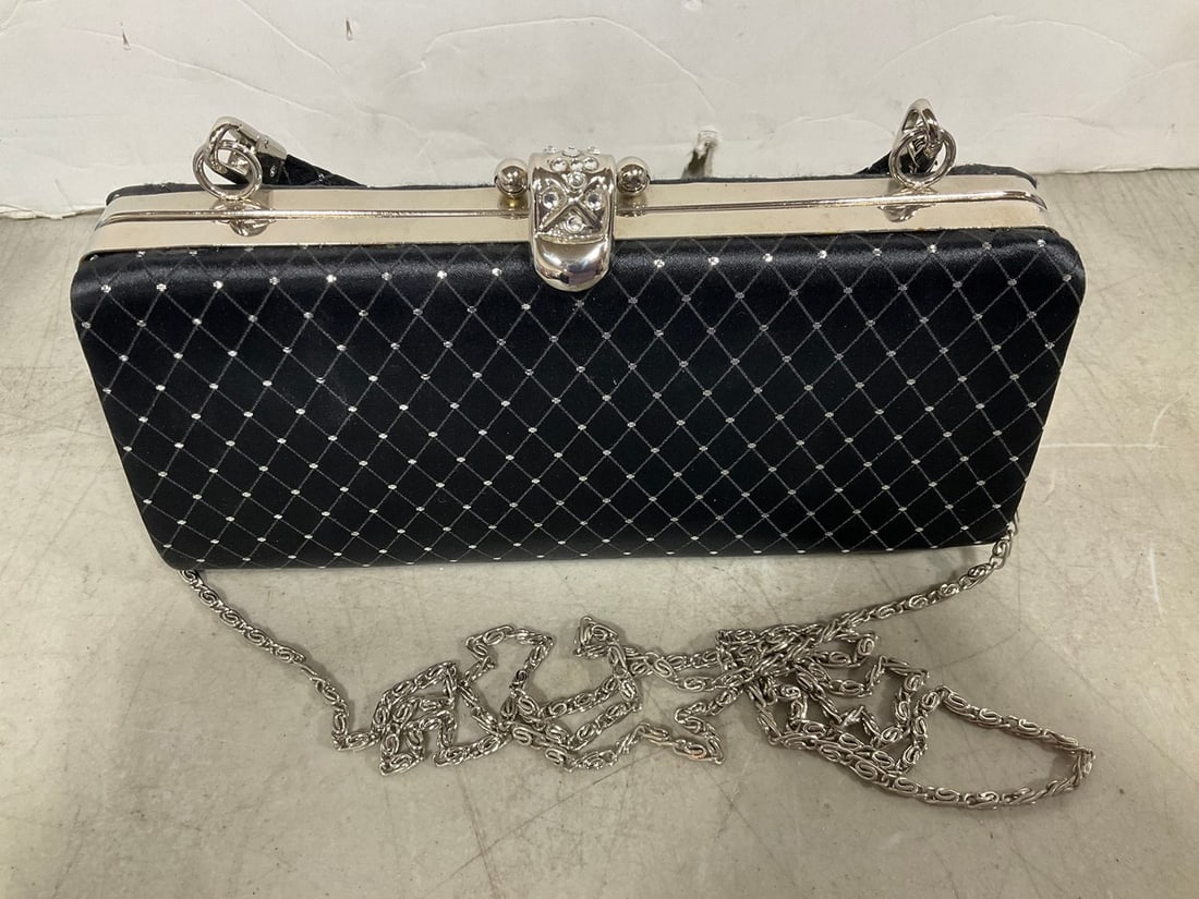 Vintage Black Satin Clutch with Rhinestones: Vintage Black Satin Clutch with Rhinestones
