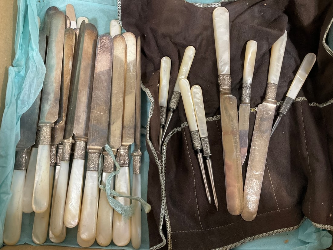 Pearl handle sterling wrapped utensils: Pearl handle sterling wrapped utensils