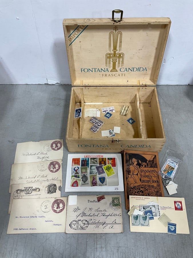 Vintage philatelic stamp lot with vintage cigar ox: Vintage philatelic stamp lot with vintage cigar ox
