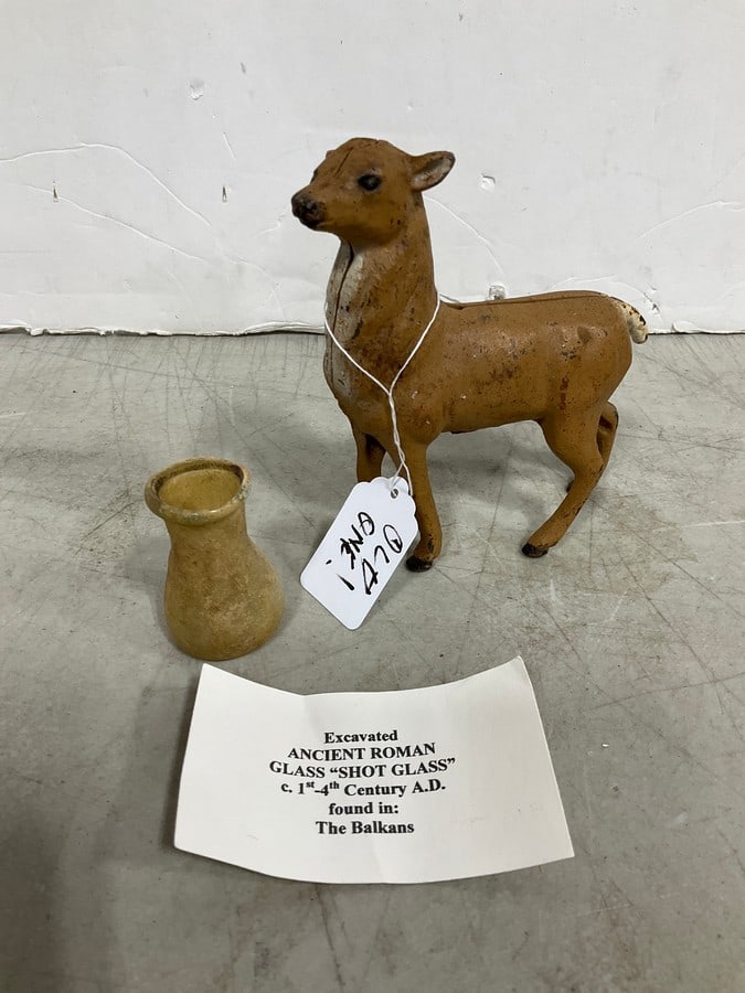 Excavated Ancient Roman Shot Glass (1st - 4th Century), and Cast Iron Deer Bank: Excavated Ancient Roman Shot Glass (1st - 4th Century), and Cast Iron Deer Bank
