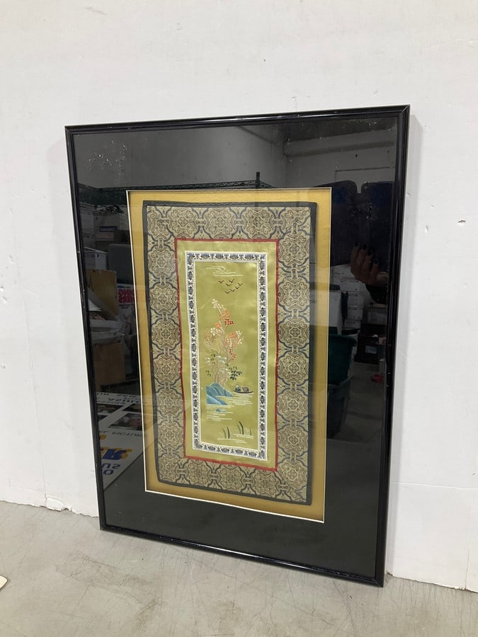 Framed Oriental Embroidered Silk Panel (16inx22in): Framed Oriental Embroidered Silk Panel (16inx22in)