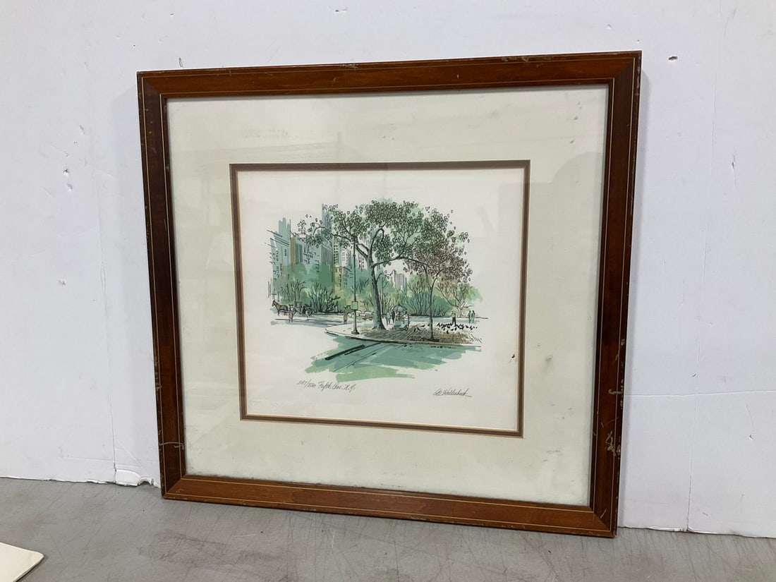 Framed Fifth Ave NY Art Print Signed by Al Hollenbeck (17.5inx18.5in): Framed Fifth Ave NY Art Print Signed by Al Hollenbeck (17.5inx18.5in)
