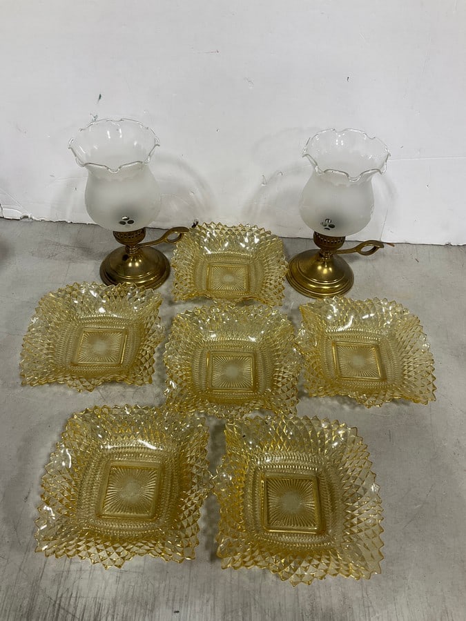 Brass Bass Candle Holders, Depression Glass Plates: Brass Bass Candle Holders, Depression Glass Plates