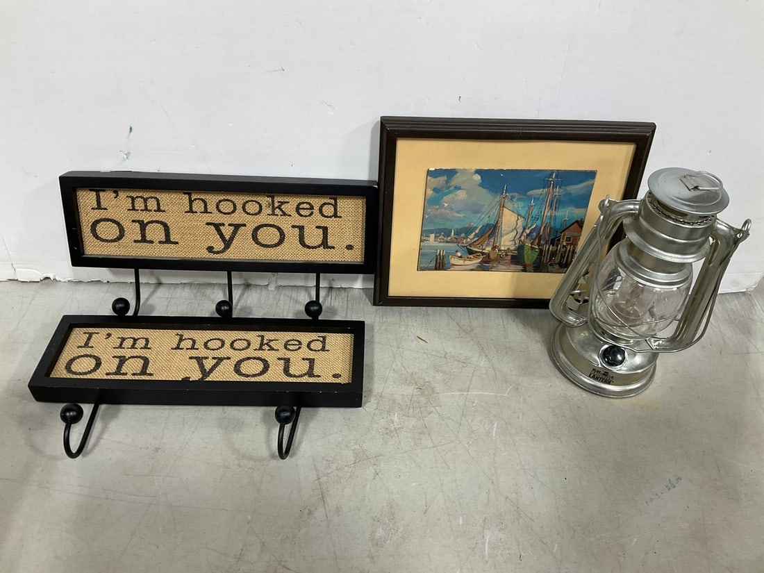 Vintage Lantern, and Wall Hook Rack, and Framed Wall Decor (9inx11in): Vintage Lantern, and Wall Hook Rack, and Framed Wall Decor (9inx11in)